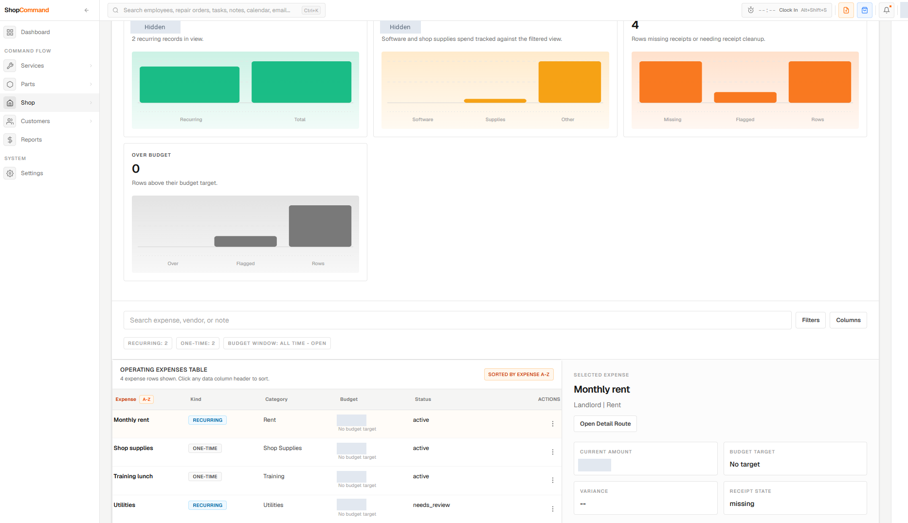 Shop Command operating-expenses workspace with categories and receipt-review states; financial amounts are hidden