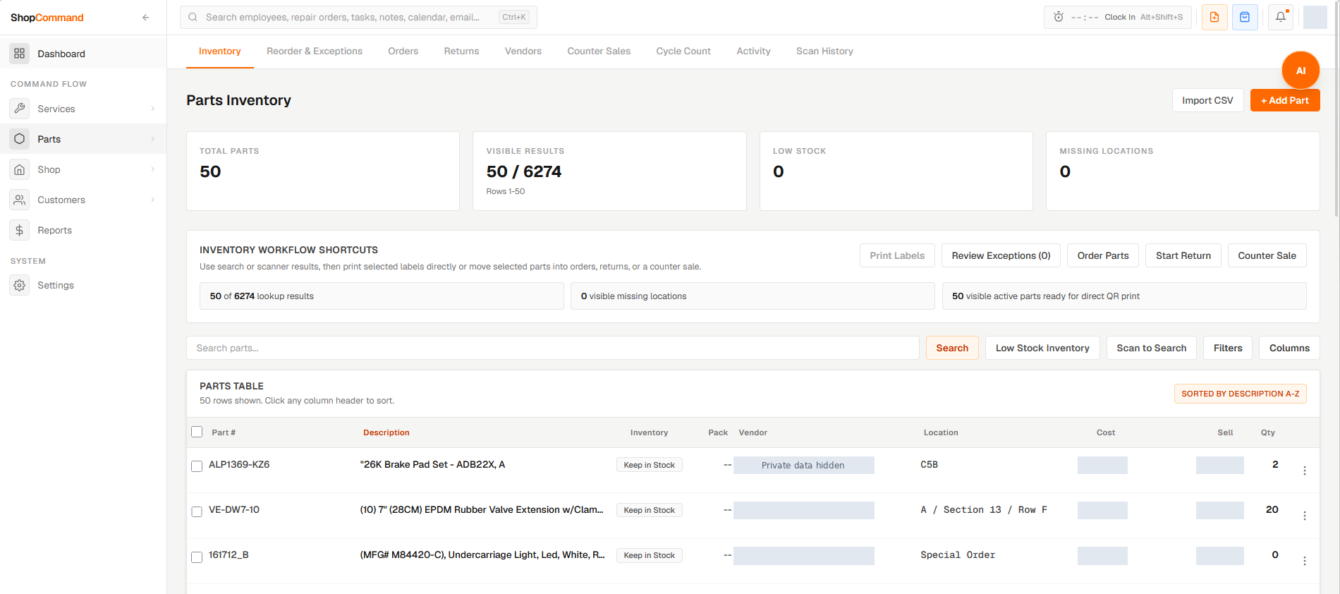 Shop Command parts inventory with workflow shortcuts, parts table and orange AI button; private fields are hidden