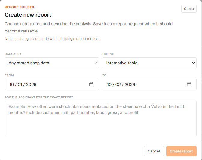 Shop Command create-new-report dialog with data area, output, date range and report-request fields