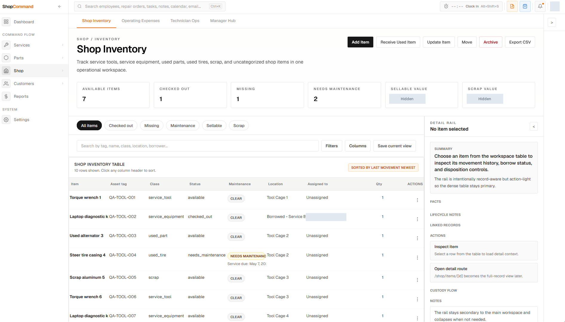Shop Command tool and equipment inventory with condition and custody states; private details are hidden