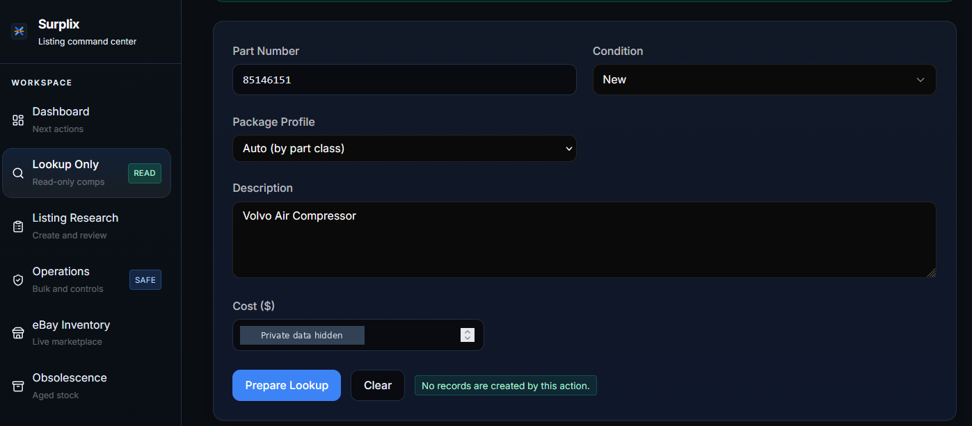 Surplix read-only part lookup with condition and package-profile fields; internal cost is hidden