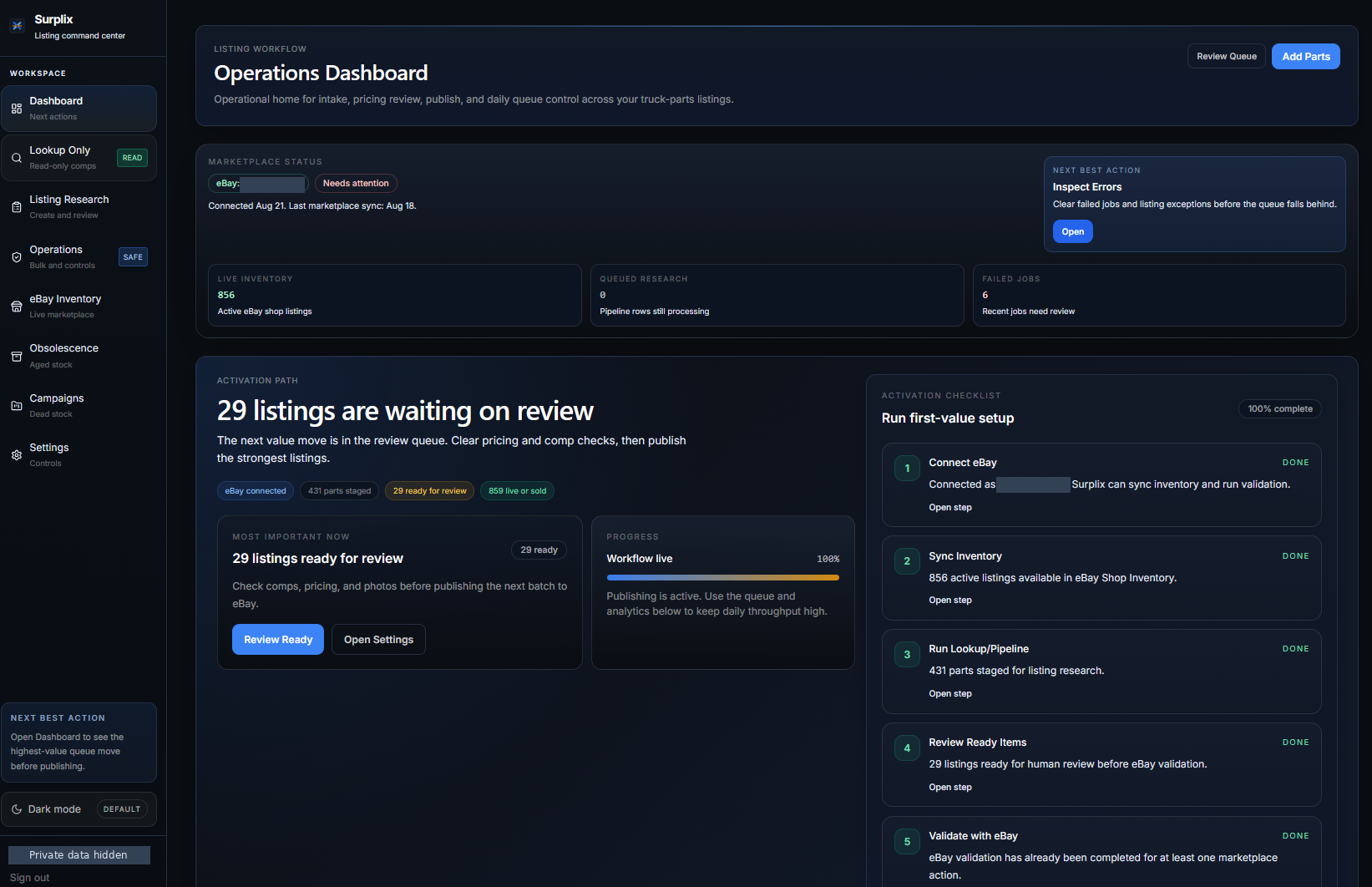 Surplix operations dashboard with marketplace status, review queue and visible error states; account details are hidden